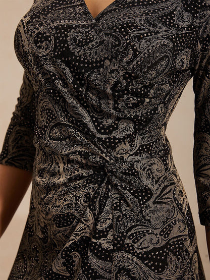 Paisley V-Neck A-Line Knit Dress with Waist Twist Design