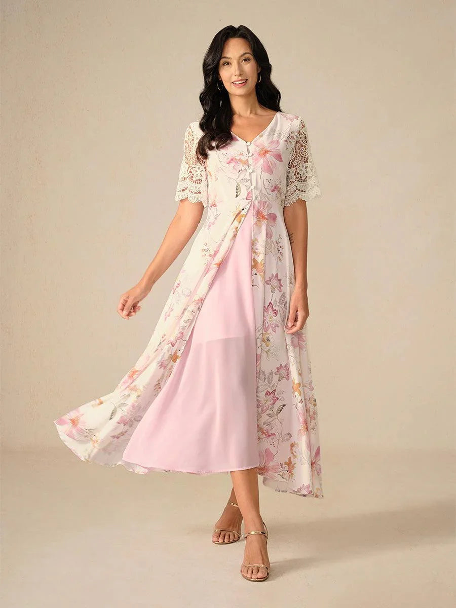 Floral Chiffon A-Line Dress with Lace Sleeves