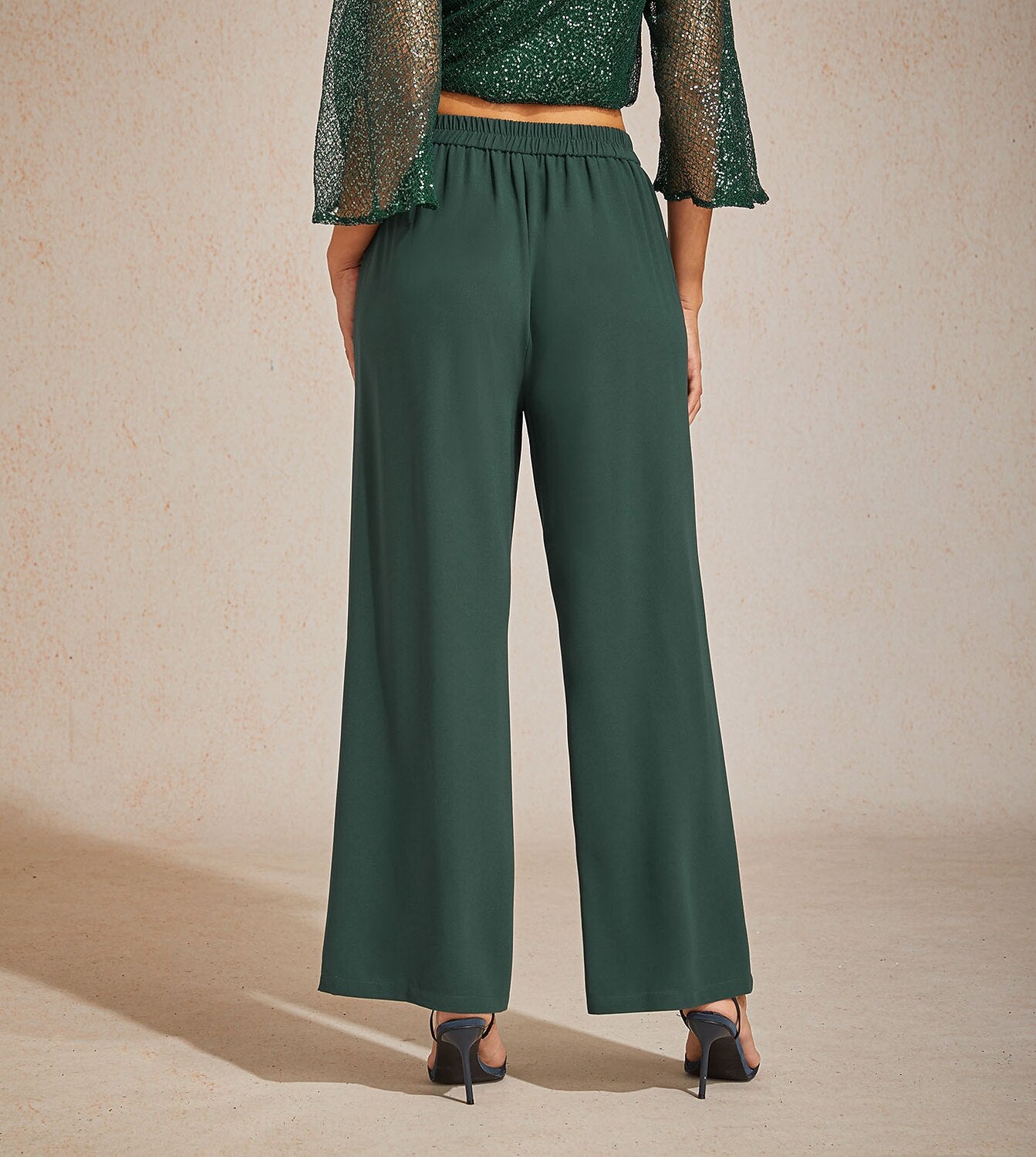 Mid-Rise Broek met Elastische Taille, Wijde Pijpen en Zakken