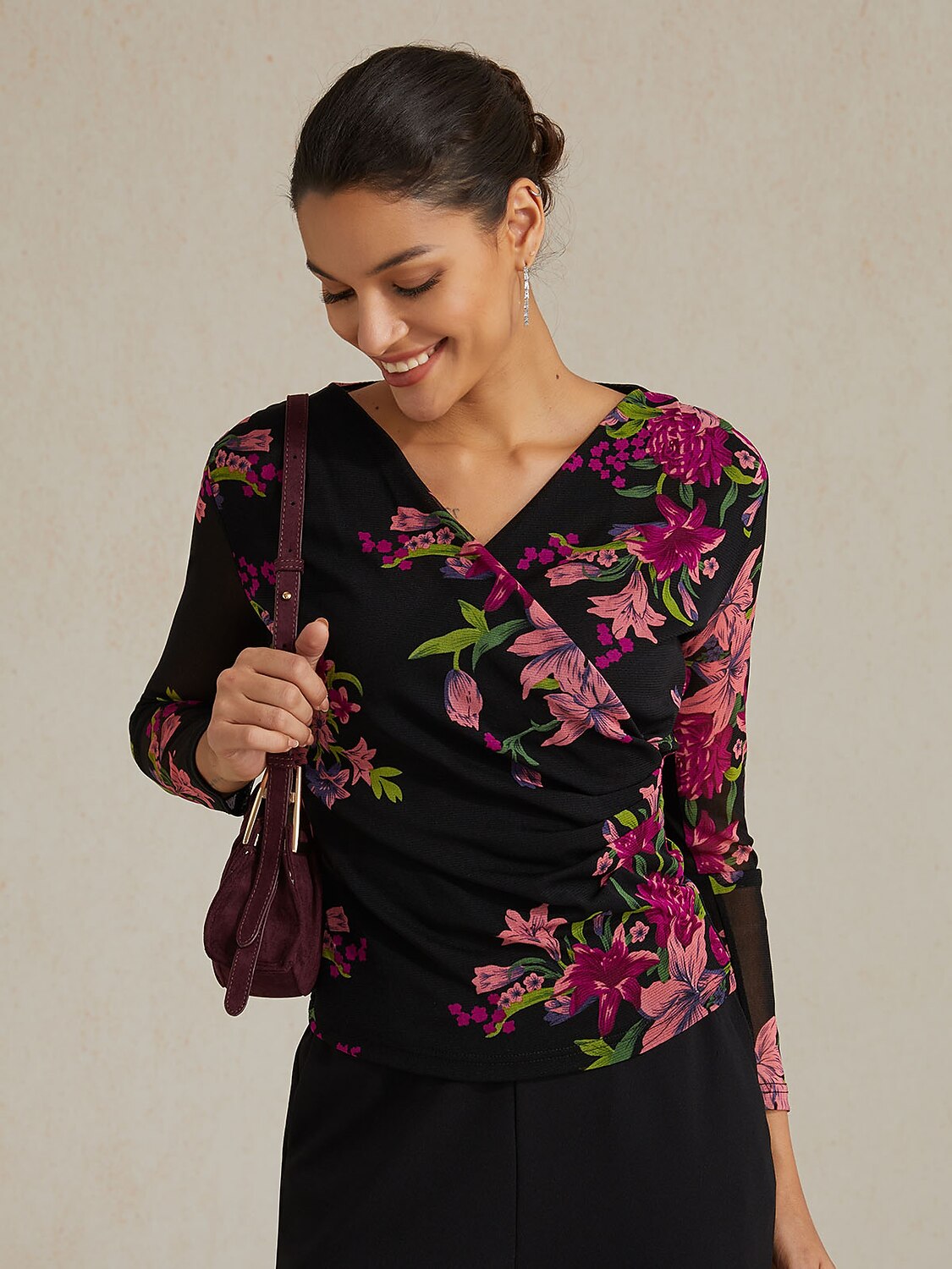 Floral Stretch Knit Wrap Top