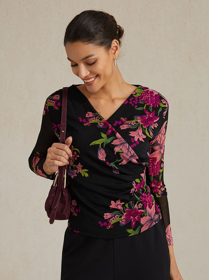 Floral Stretch Knit Wrap Top