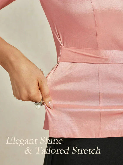 Blusa in taffetà elasticizzato con maniche 3/4 e dettaglio cintura annodata