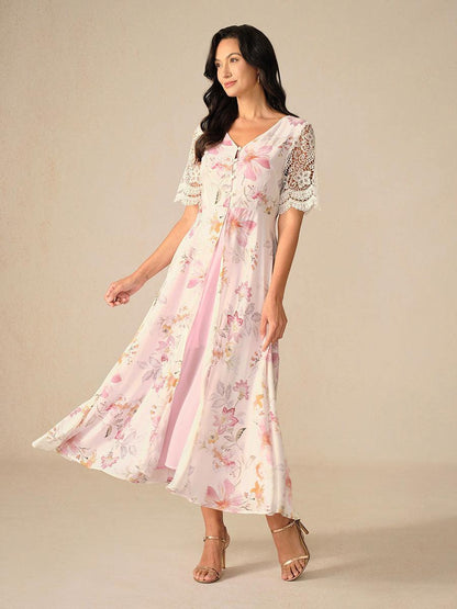 Floral Chiffon A-Line Dress with Lace Sleeves
