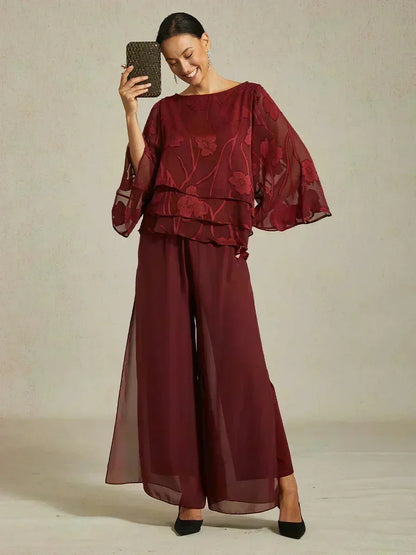 Pantalon droit avec superposition de jambes fendues en mousseline