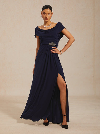 Draped Neck Jersey Evening Dress with Pleated Bodice