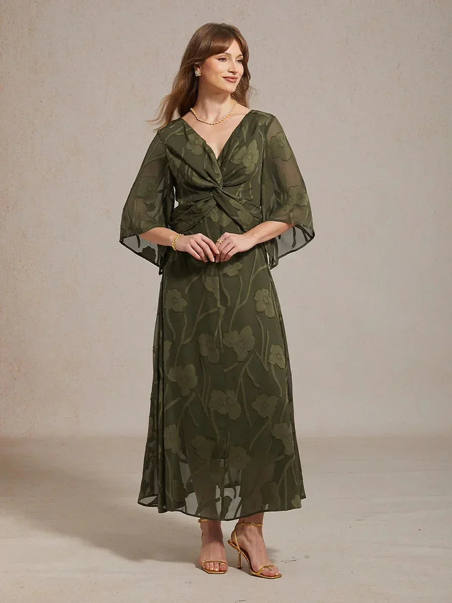 Lace Floral Twisted Ruffle Chiffon Maxi Dress