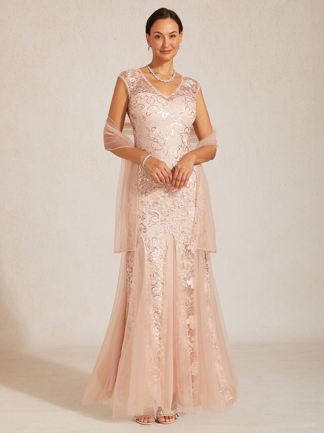 Sequin Mesh Mermaid Evening Gown with Sheer Shawl