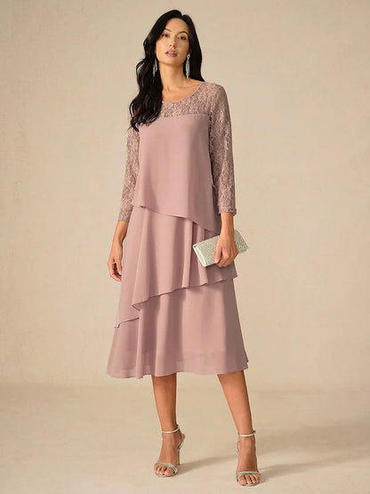 Lace Tiered Chiffon 3/4 Length Sleeve Dress