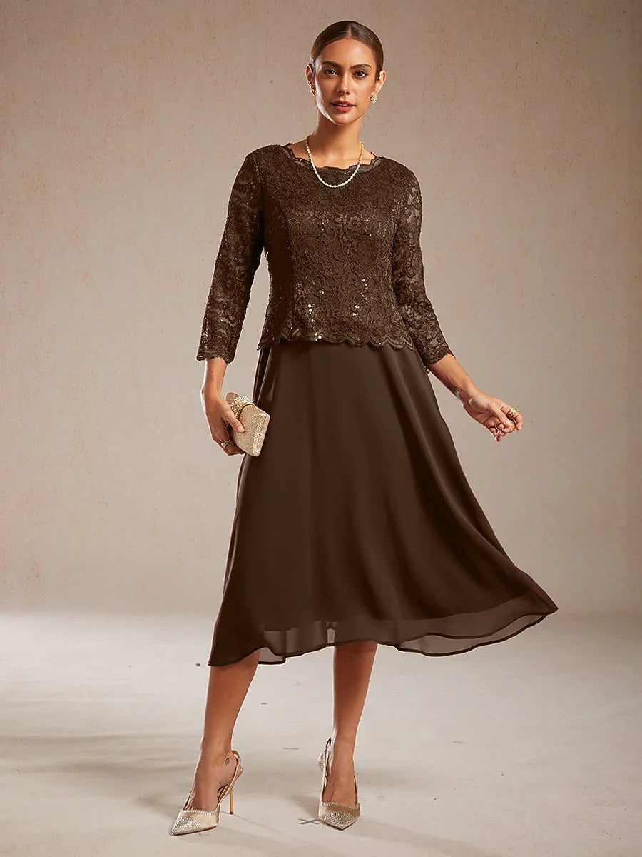 Elegant Lace and Chiffon Tea-Length Dress