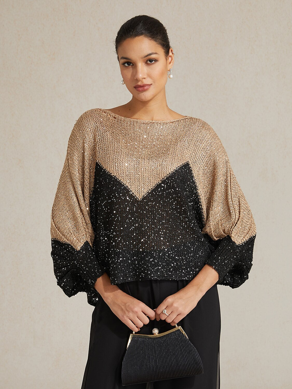 Sequin Colorblock Batwing Sweater