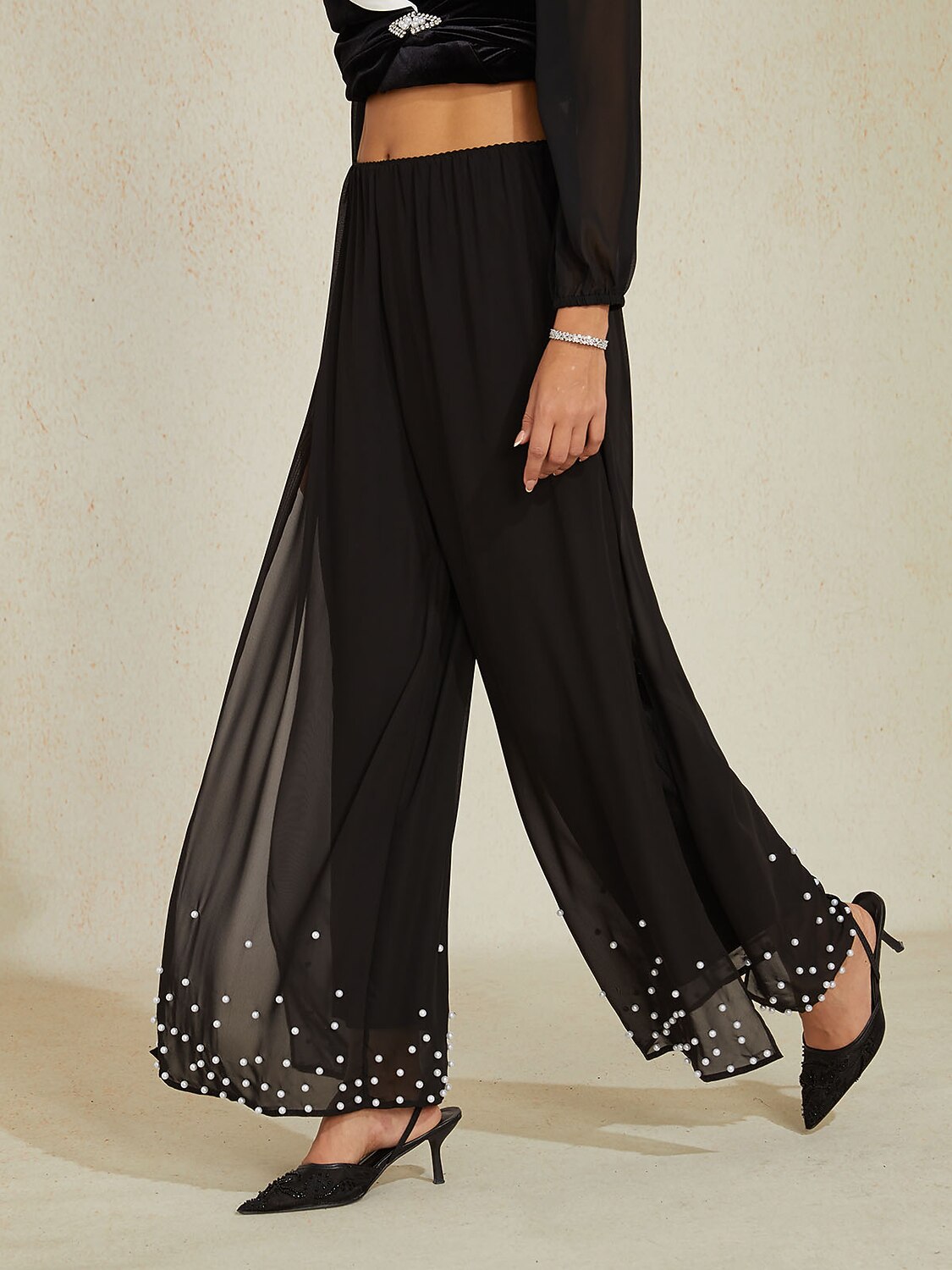 Pearl-embellished Wide Leg Pants