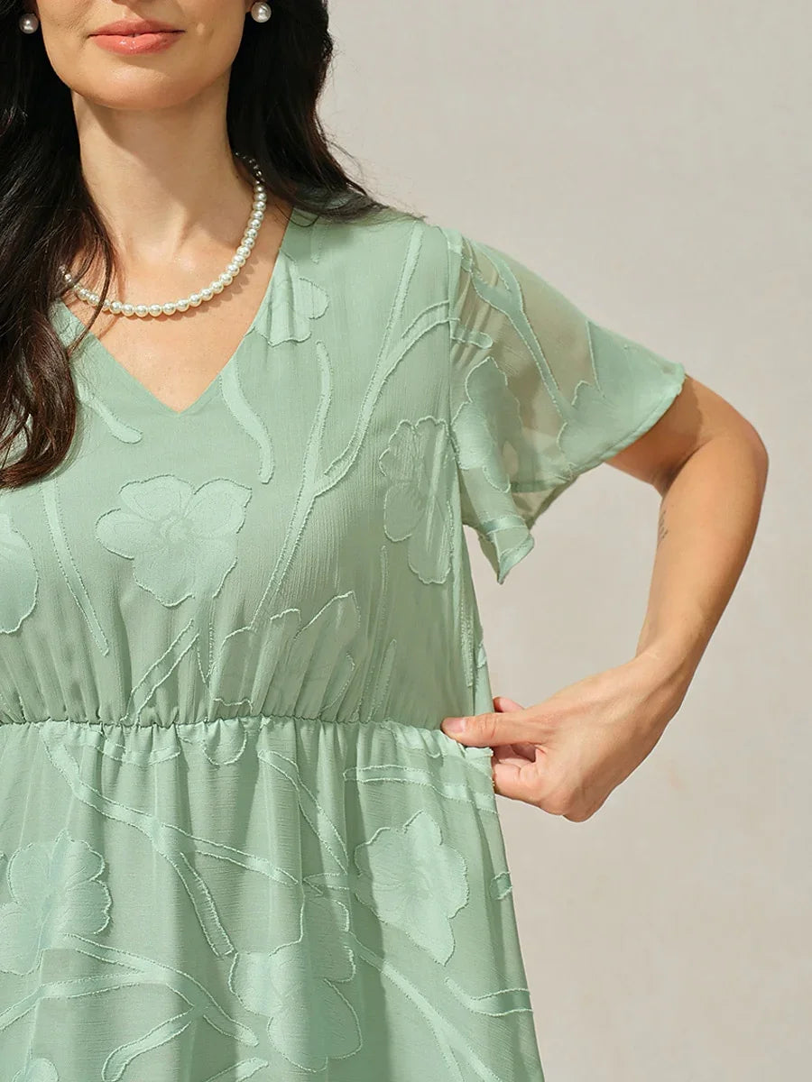 Lace V Neck Ruffle Layered Flutter Dress