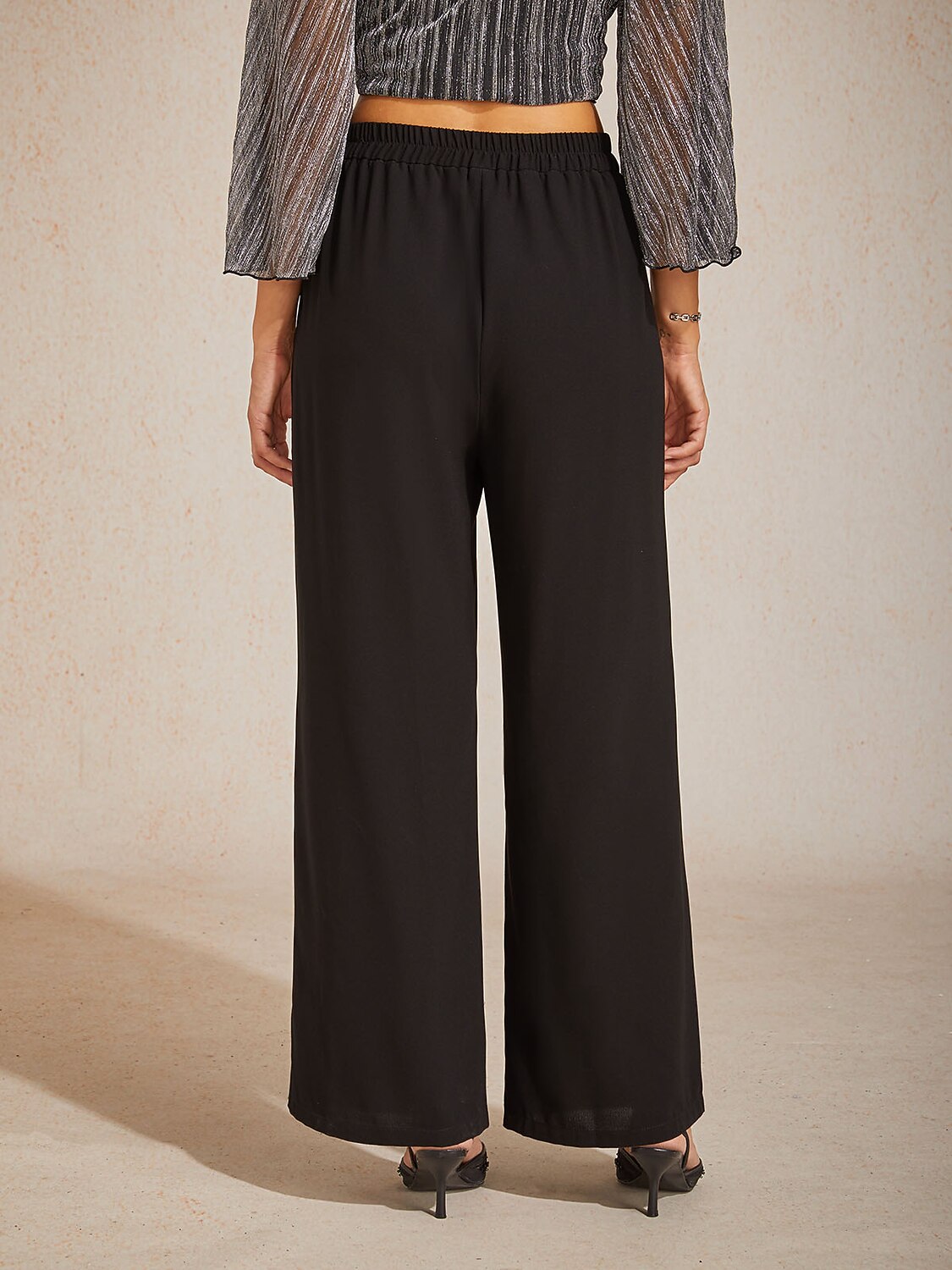 Pantalon large taille mi-haute à taille élastique avec poches