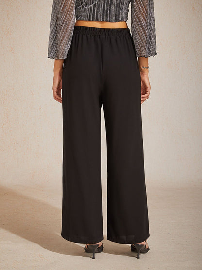 Pantalon large taille mi-haute à taille élastique avec poches