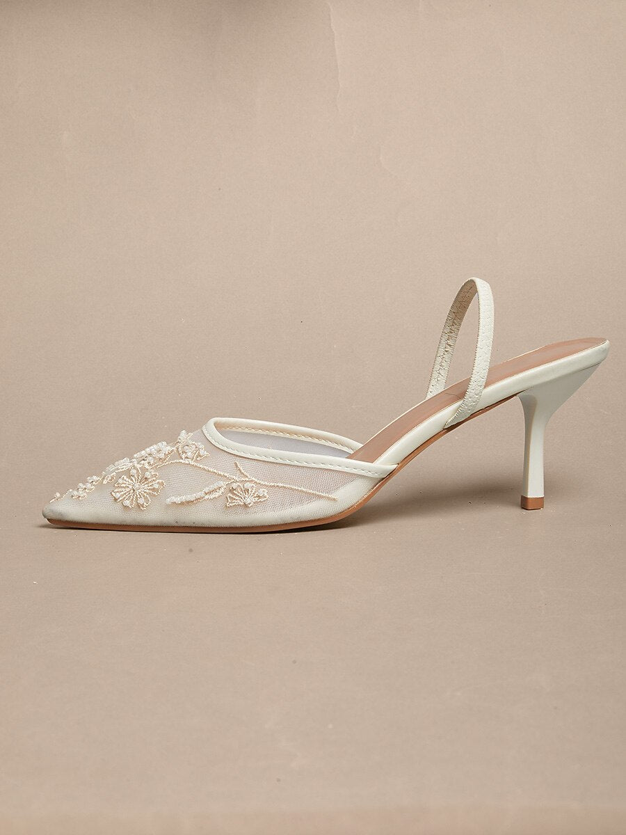 Lace Kitten Heel Pointed Toe Mesh Slip-on Shoes
