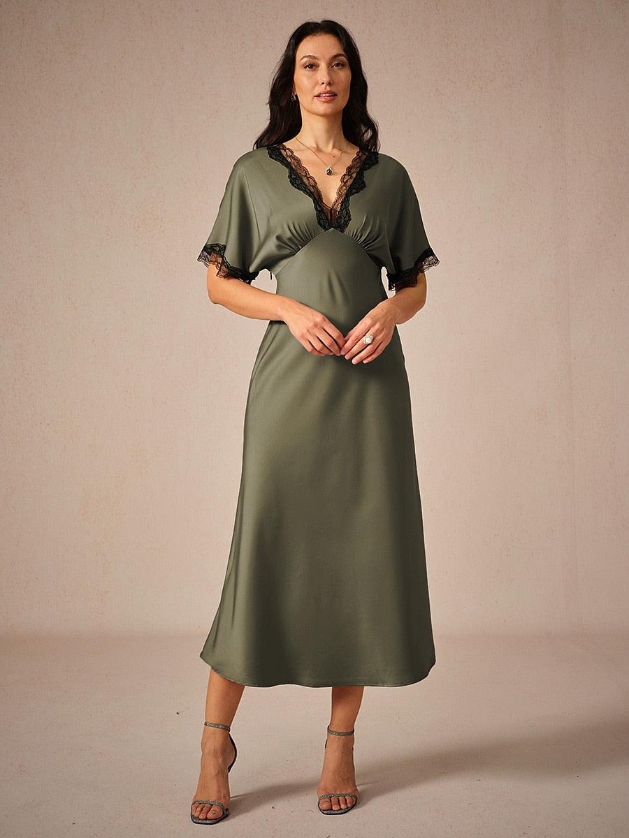 Satin-Lace-Trim-V-Neck-Olive-Dress-Olive-S13399393