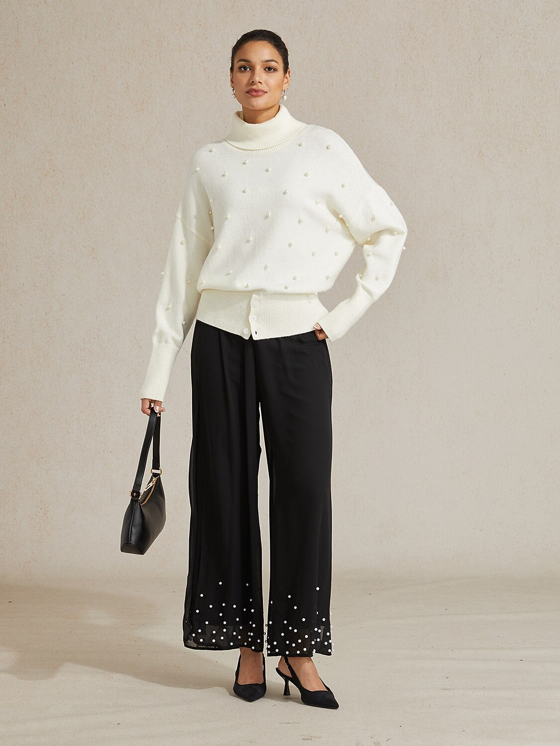 Pearl-embellished Turtle Neck Sweater
