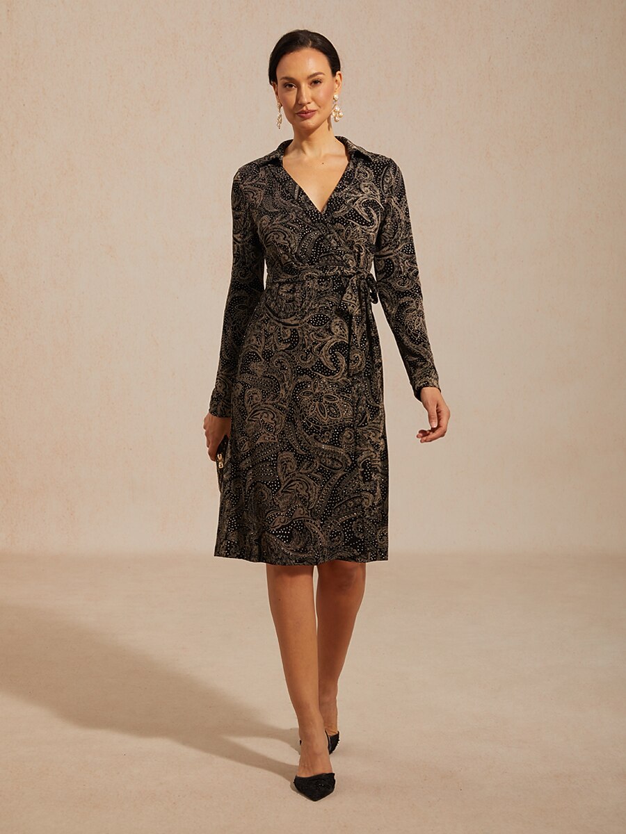 Paisley Wrap Midi Dress with Subtle Sequin Detail