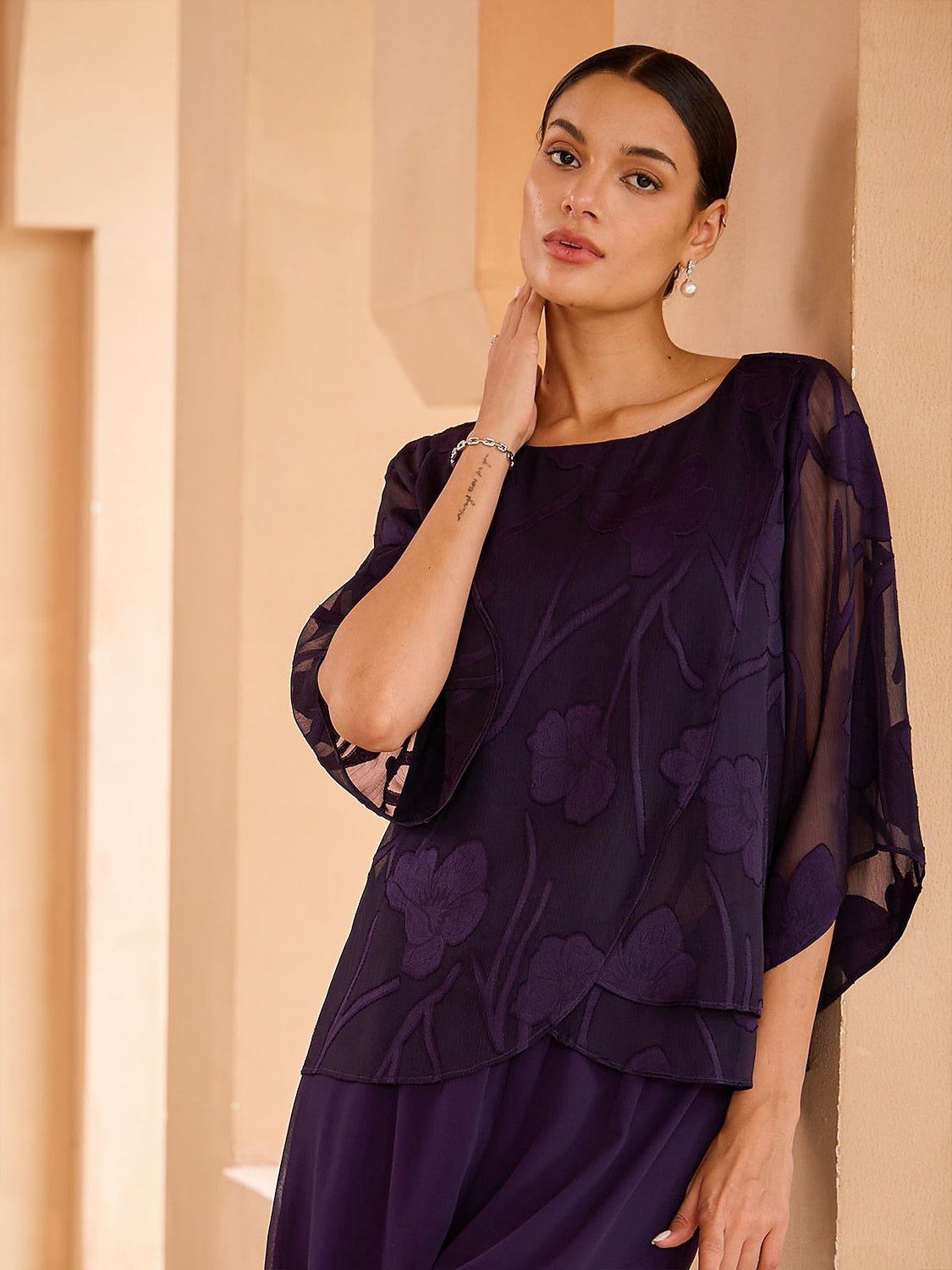 Sheer Floral Layered Chiffon Tops