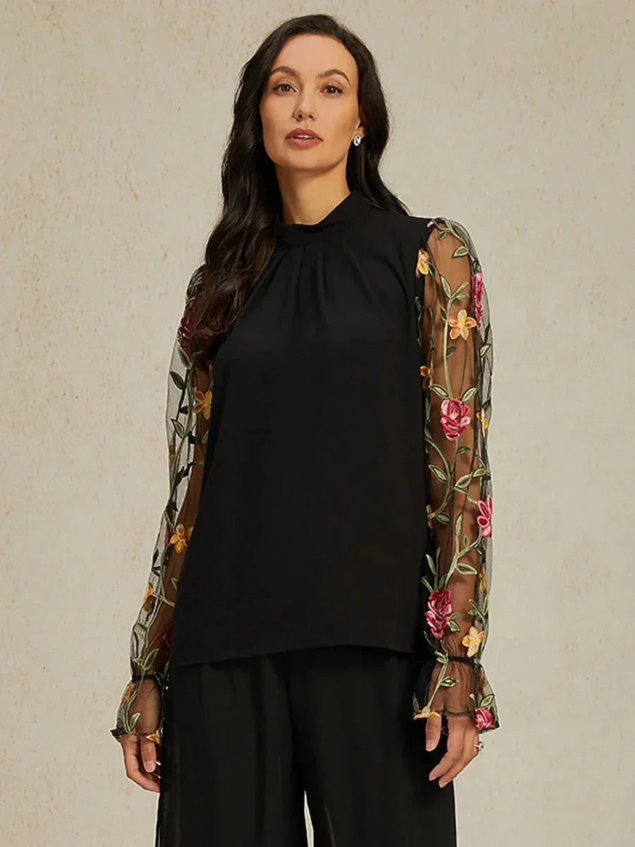 Floral Embroidery Mesh Modest Tops