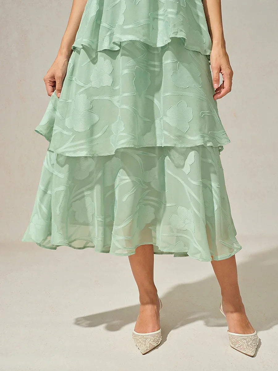 Lace V Neck Ruffle Layered Flutter Dress