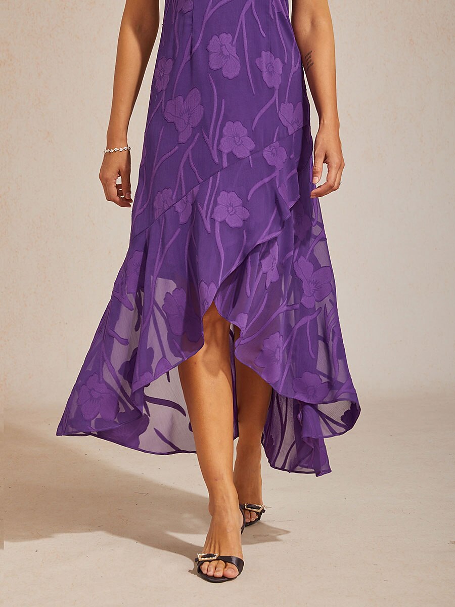 Floral Chiffon Sleeveless Evening Gown with Asymmetrical Hem