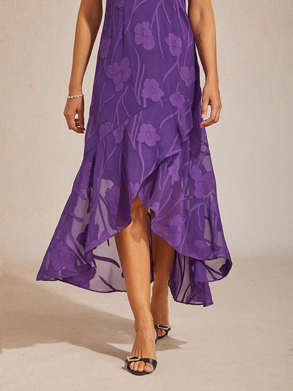 Floral Chiffon Sleeveless Evening Gown with Asymmetrical Hem