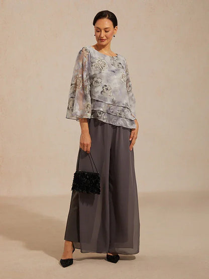 Chiffon Pants and Floral Layered Blouse Pant Suits