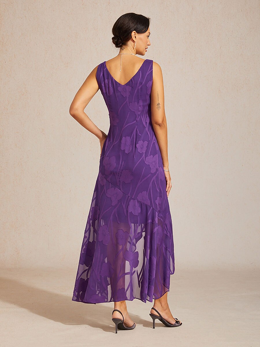 Floral Chiffon Sleeveless Evening Gown with Asymmetrical Hem