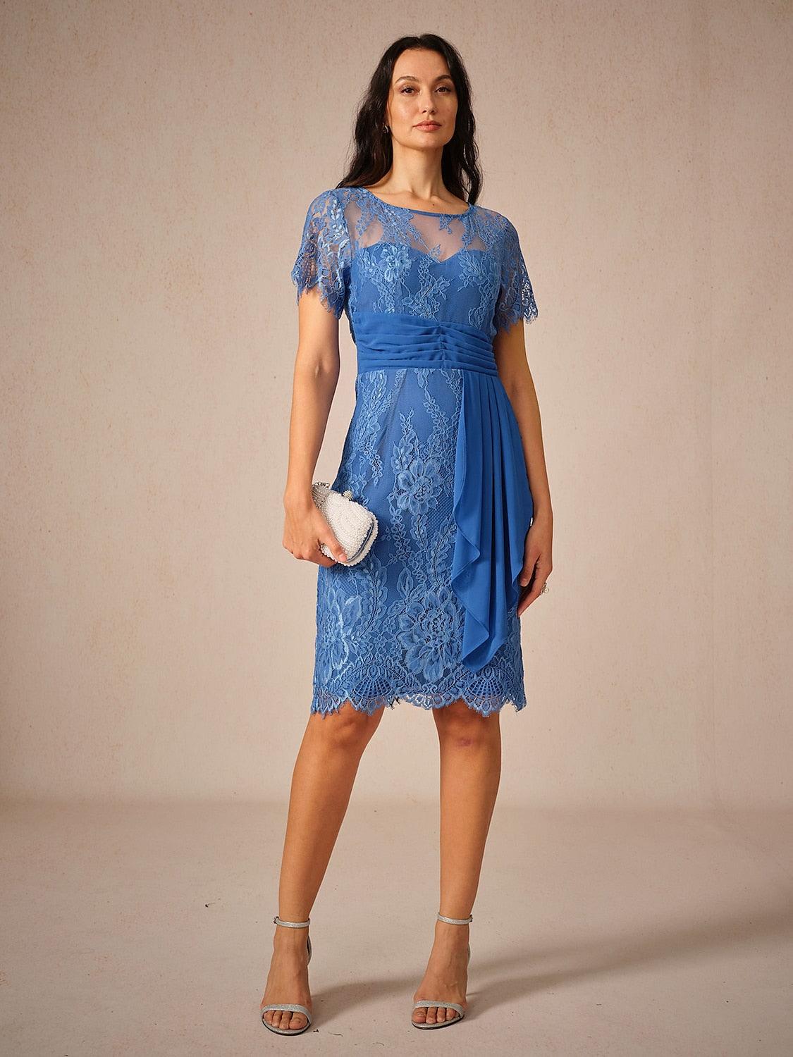 Ruched Pleated Lace Chiffon Dress-S13812981