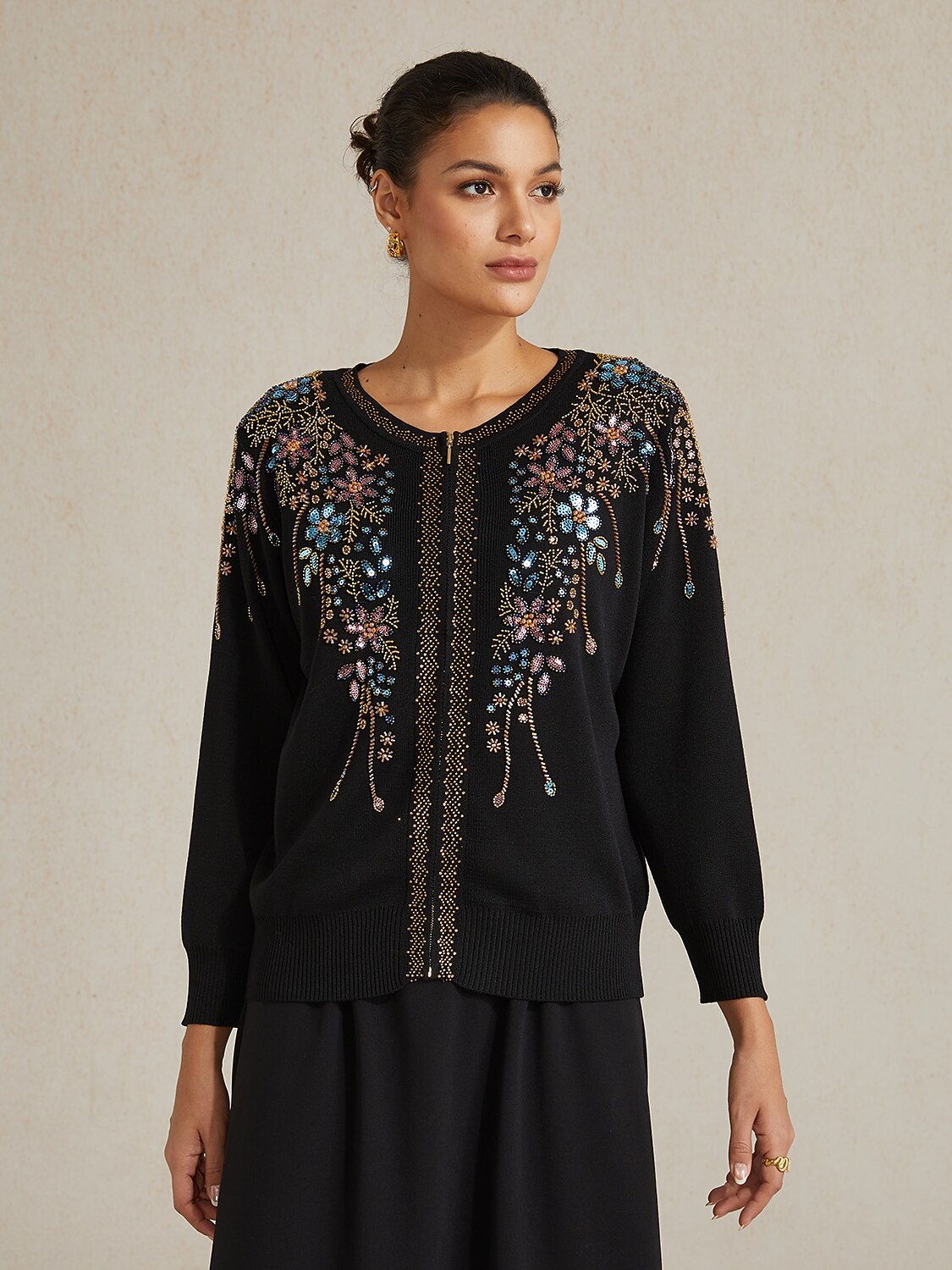 Ethnic Floral Rhinestone Knit Jacket