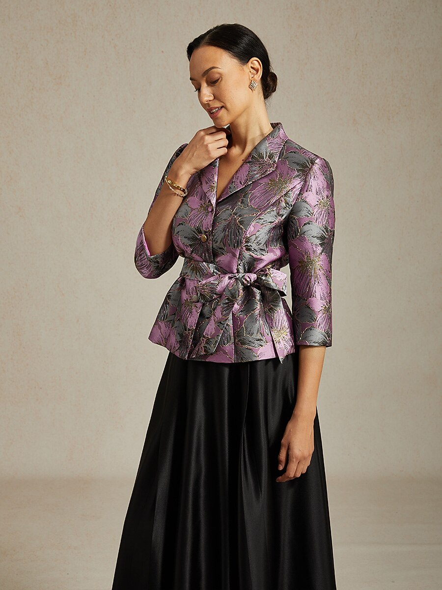 3/4 Sleeve Floral Jacquard Blouse with Tie Waist