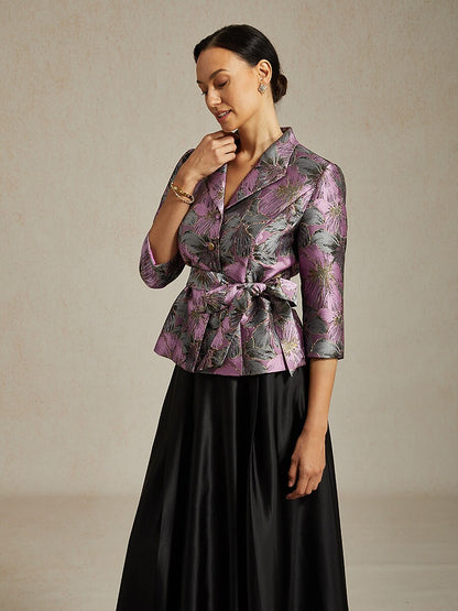 3/4 Sleeve Floral Jacquard Blouse with Tie Waist