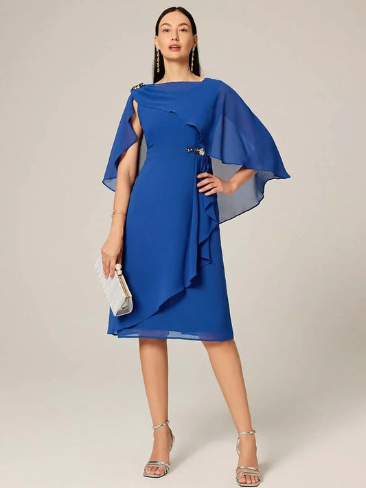 Asymmetrical Boat Neck Ruffled Chiffon Cape Dress