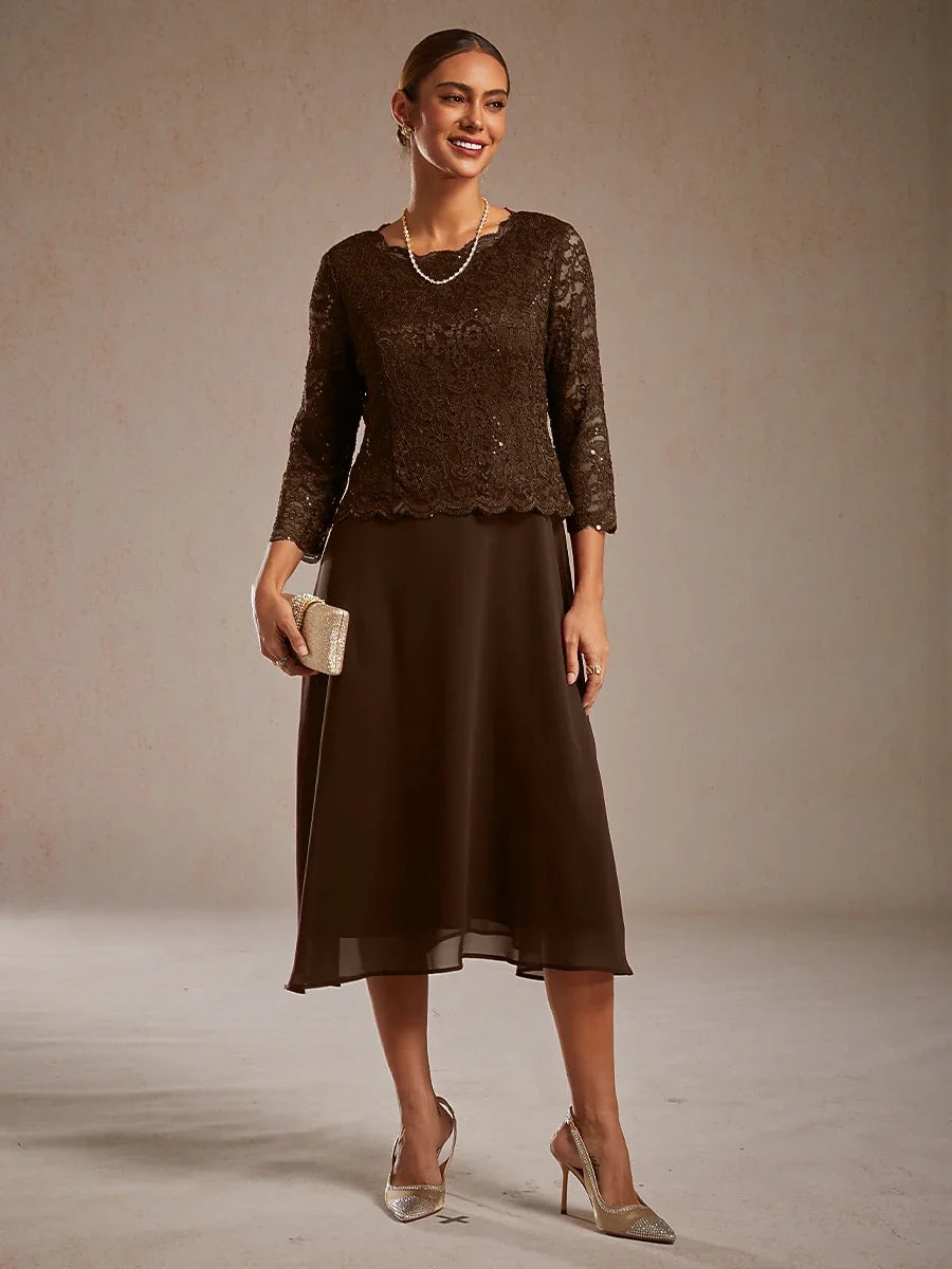 Elegant Lace and Chiffon Tea-Length Dress