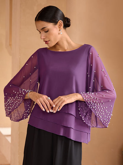 Beaded Layered Mesh Elegant Tops