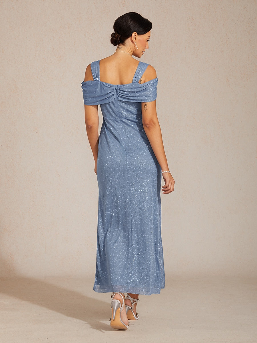 Ankle-Length Cold Shoulder Glitter Mesh Dress