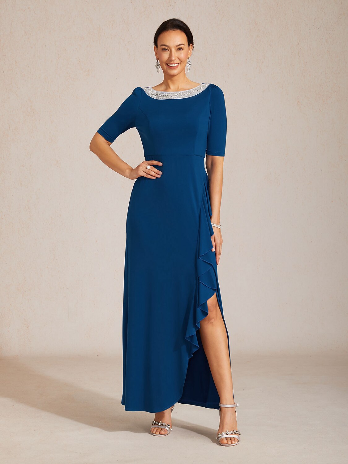 Boat Neck Ruffle A-Line Maxi Dress with Rhinestone Neck Detail