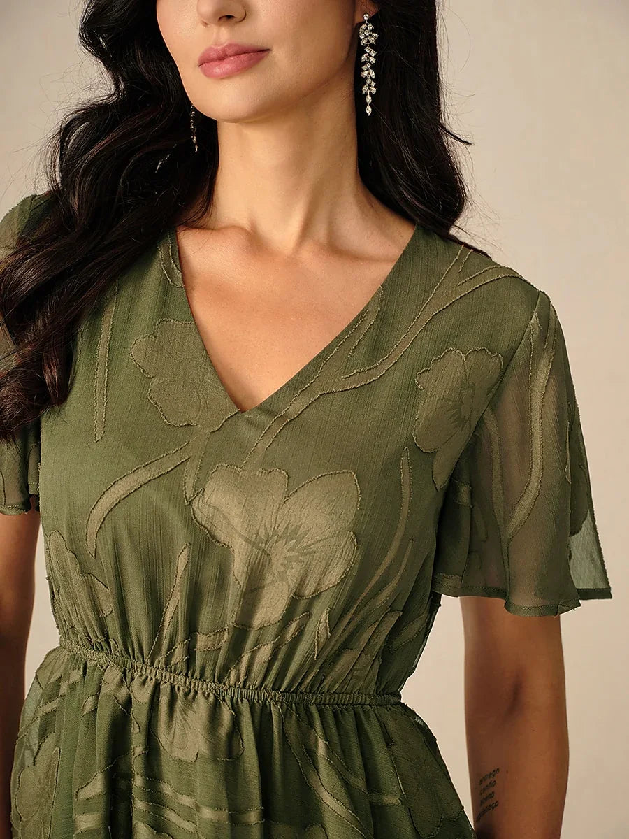 Lace V Neck Ruffle Layered Flutter Dress