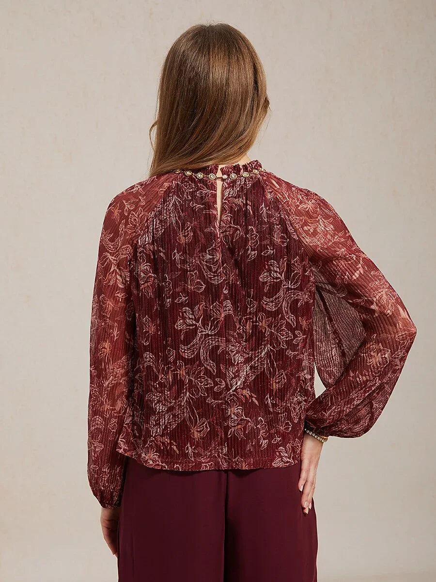 Ruffled Cold Shoulder Chiffon Blouse with Metallic Detail