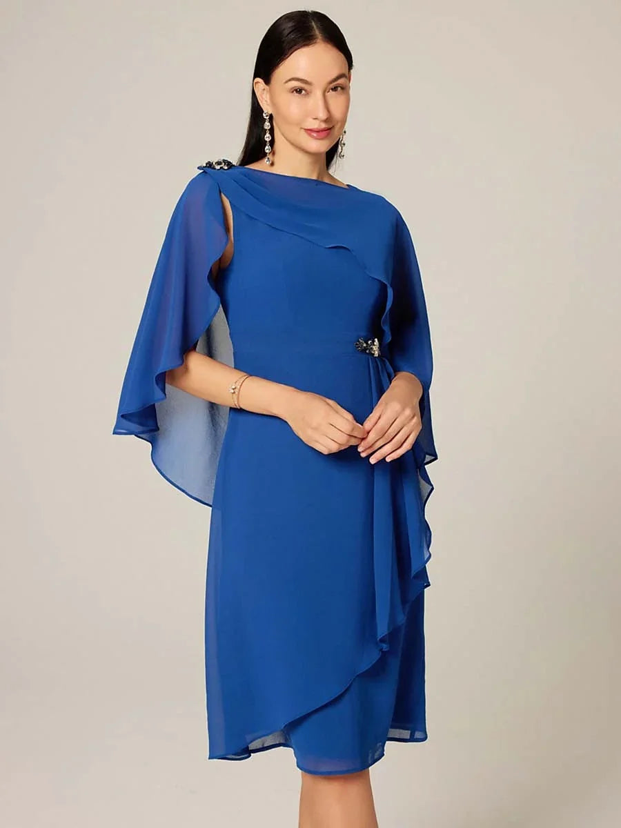 Asymmetrical Boat Neck Ruffled Chiffon Cape Dress