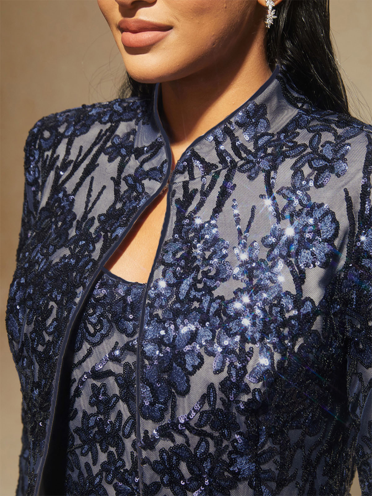 Floral Mandarin Collar Sequin Twinset
