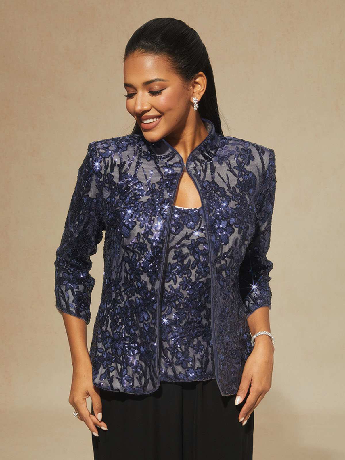 Floral Mandarin Collar Sequin Twinset