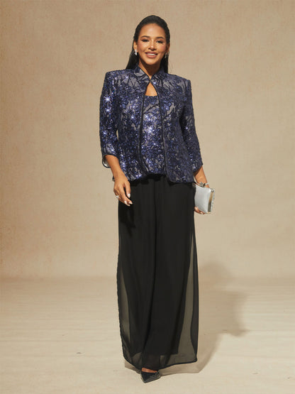 Floral Mandarin Collar Sequin Twinset