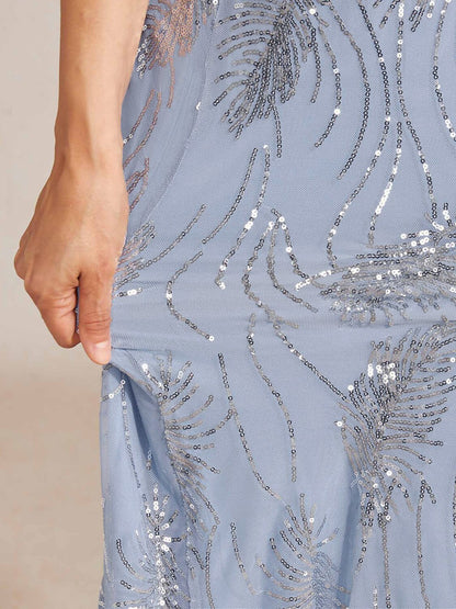 Short Sleeve A-Line Maxi Dress with Mesh Sequin Detail