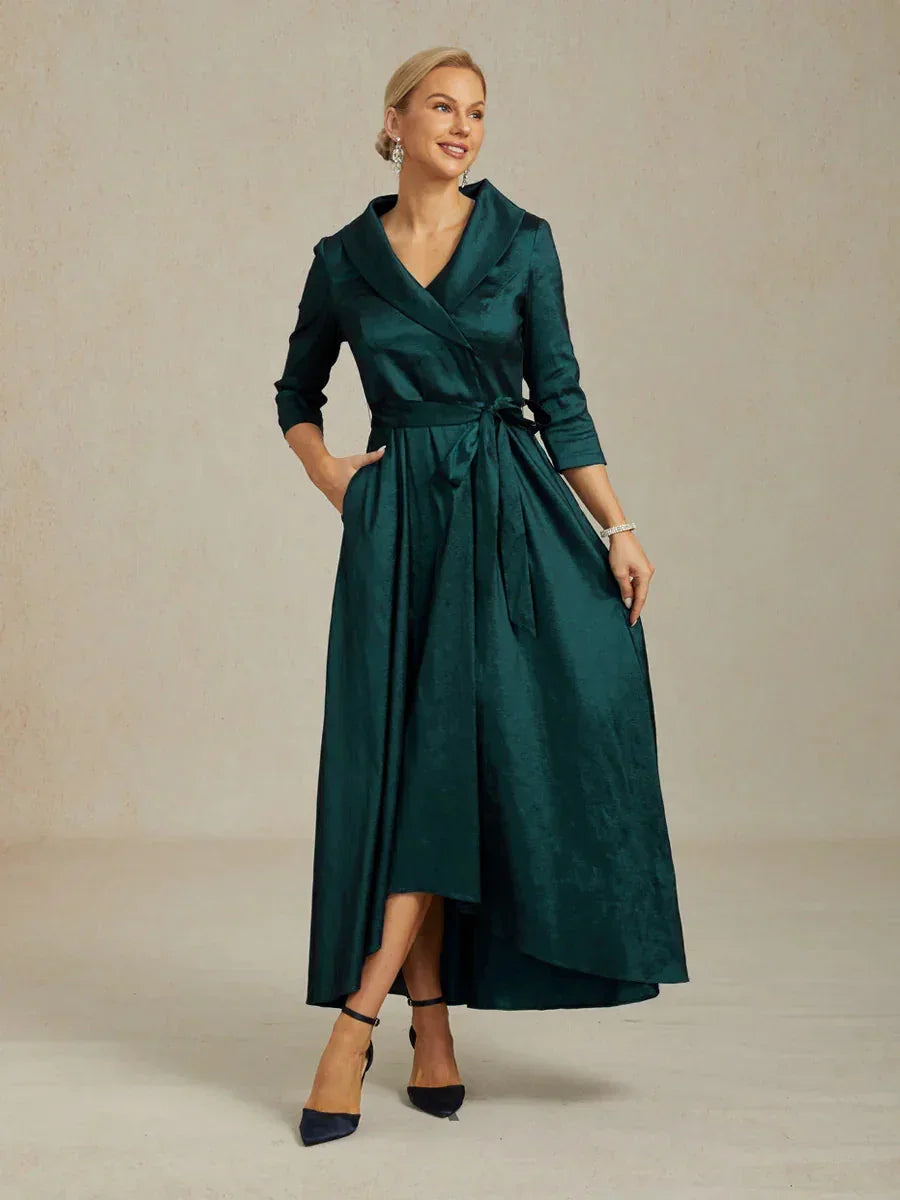 3 4 Sleeve Ankle Length Dress Semi Formal Taffeta High Low Evening Gown Red Navy Blue Green Elegant Classic 60 Year Old Women, Green / S