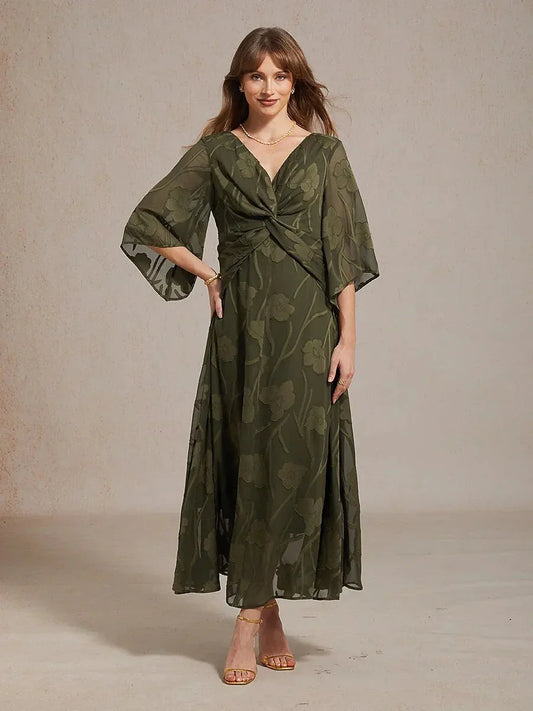 Lace Floral Twisted Ruffle Chiffon Maxi Dress