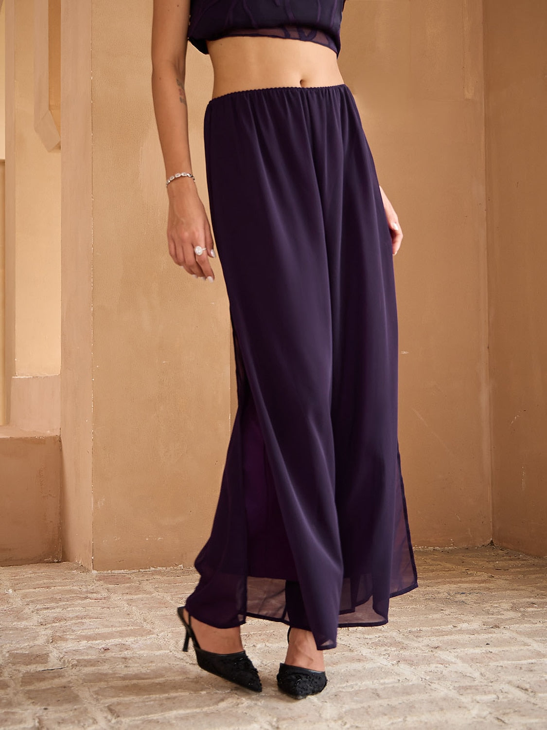 Straight Leg Pant With Chiffon Split Leg Overlay