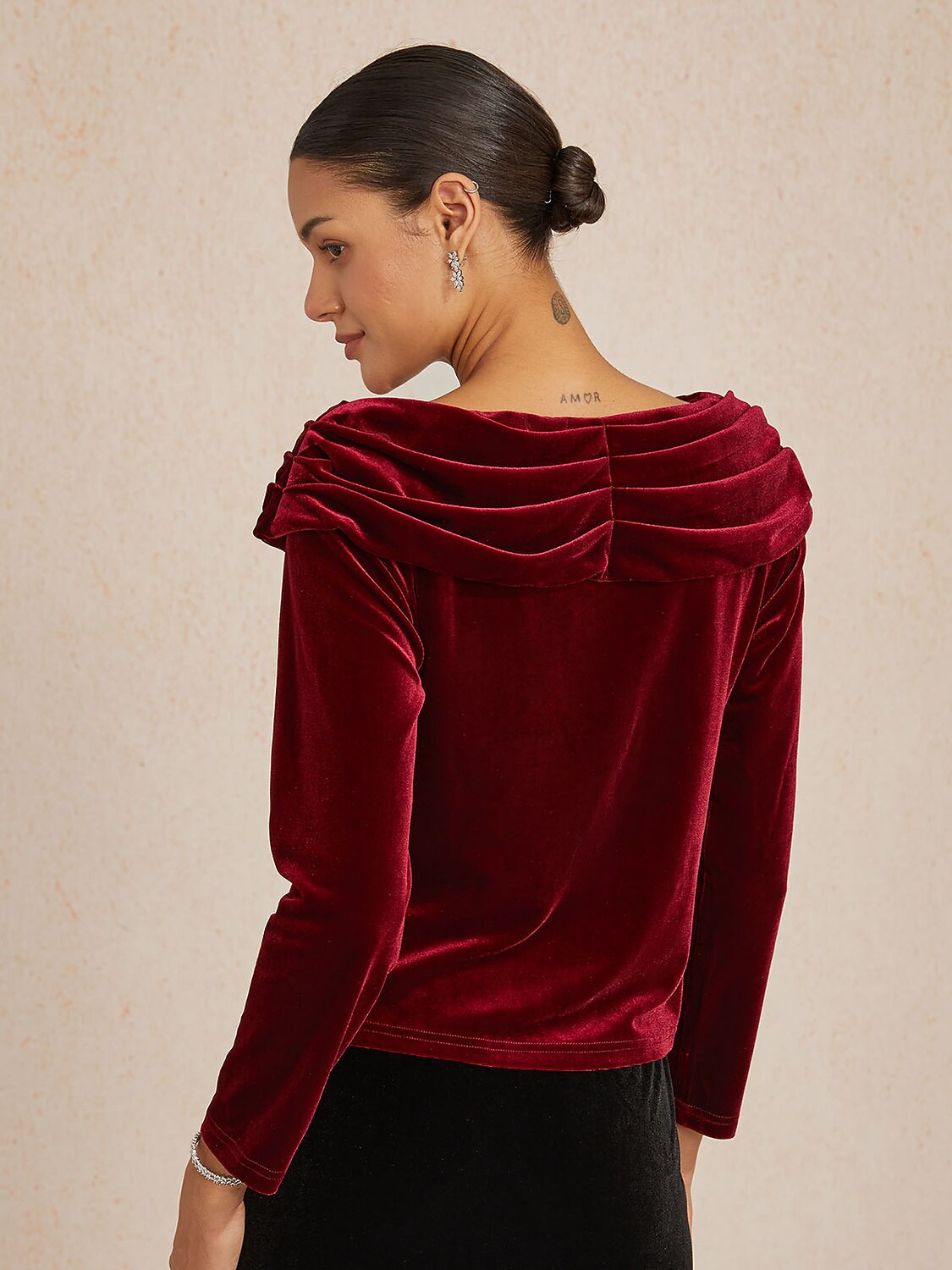Long Sleeve Velvet Blouse with Ruched Collar