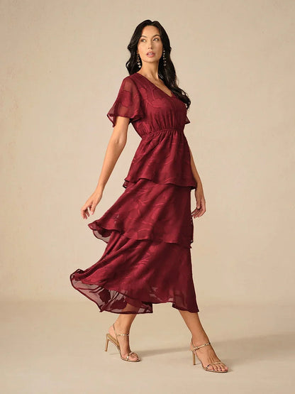 Lace V Neck Ruffle Layered Flutter Dress